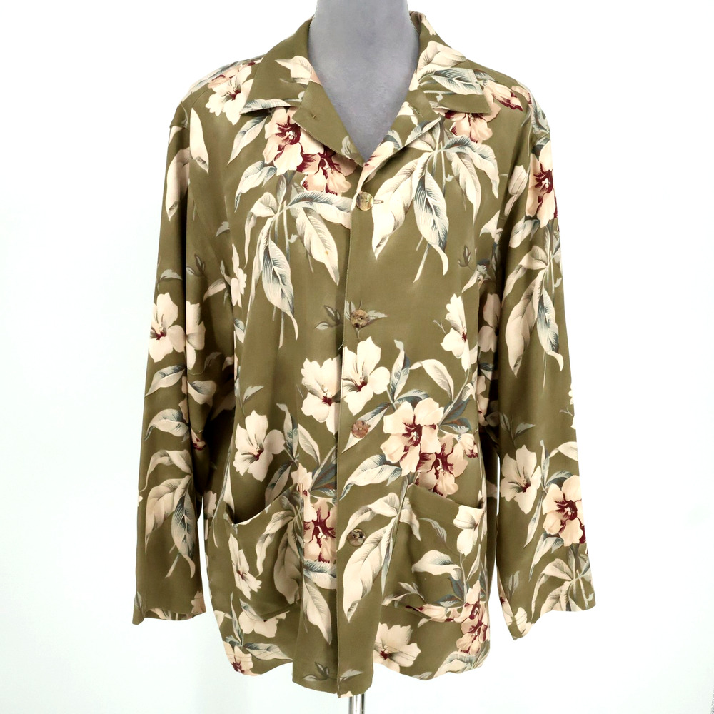 Chicos Design Top 2 Womens Large Green Floral Silk Blouse Shacket Pockets Resort